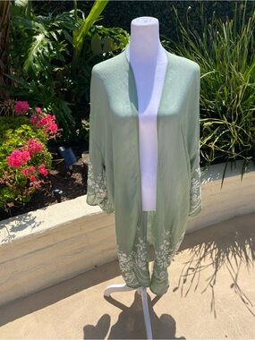 Light Sage Green Embroidered Kimono Cover-Up